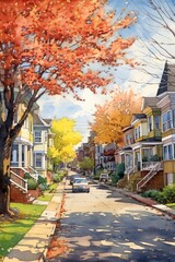 Watercolor of a city neighborhood in spring. AI generated