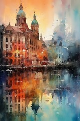 Fototapeta na wymiar Watercolor reflection of city on a riverbank. AI generated