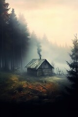 A misty forest with a cabin in the distance. AI generated
