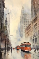 Atmospheric watercolor painting of a foggy city day. AI generated