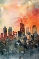 Dreamy watercolor of a city skyline in fog. AI generated