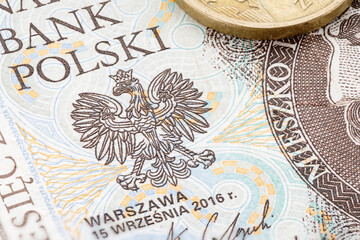 Fototapeta na wymiar Polish Zloty. Official Currency of Poland in Denominations. Zloty close-up. Bank of Poland, Narodowy Bank Polski. Full depth of field.