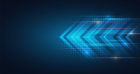 Futuristic red-blue stripes with arrows. Modern high-tech background for presentations and websites. Digital internet communication. Abstract background with glowing dynamic lines.