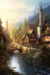 Fototapeta premium A picturesque village nestled by a river. AI generated