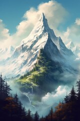 A snow-capped peak rising above a forest. AI generated
