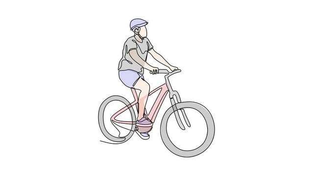 Animated self drawing of single continuous line draw for a man uses a bicycle to go to work. bike to work concept illustration design in simple linear animation.full length animation