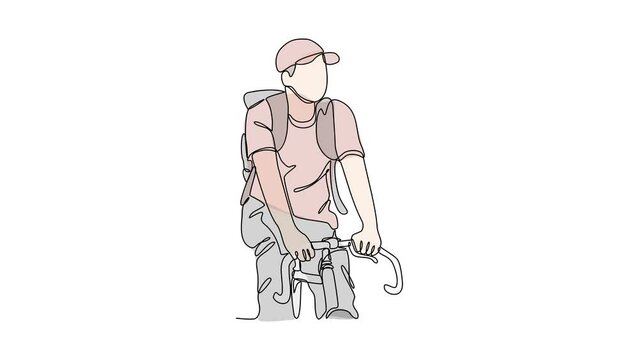 Animated self drawing of single continuous line draw for a man uses a bicycle to go to work. bike to work concept illustration design in simple linear animation.full length animation