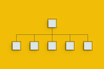 Hierarchical organizational chart concept. Scheme made from empty buttons. Company structure. Management and marketing. Teamwork and recruting. Supply chain. Network distribution. Top view. 3d render