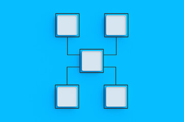 Corporate communication. Scheme made from empty buttons. Hierarchical organizational chart concept. Company structure. Management and marketing. Network distribution. Top view. 3d render