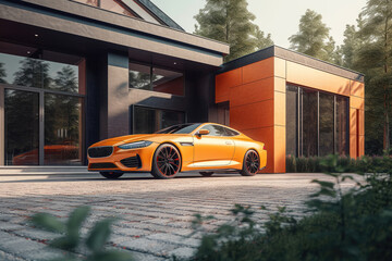 A luxury car parked in the driveway of a beautiful home represents success, status, and achievement. Perfect for brands promoting exclusivity and sophistication Generative AI.