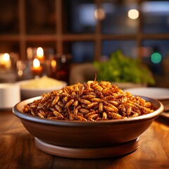 Snack insects. Tasty Mealworm larvae as food in a wooden bowl. Fried worms for sale. Roasted mealworms. Ai generated - obrazy, fototapety, plakaty