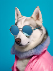 portrait of husky dog with round pink glasses in suit on a blue minimalistic background, ai generative