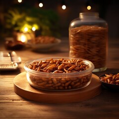 Snack insects. Tasty Mealworm larvae as food in a glass bowl. Fried worms for sale. Roasted mealworms. Ai generated - obrazy, fototapety, plakaty