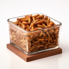 Snack insects. Tasty Mealworm larvae as food in a glass bowl on white background. Fried worms for sale. Roasted mealworms. Ai generated