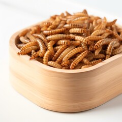 Snack insects. Tasty Mealworm larvae as food in a wooden bowl on white background. Fried worms for sale. Roasted mealworms. Ai generated