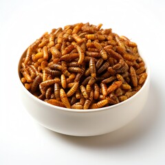 Snack insects. Tasty Mealworm larvae as food in a white bowl on white background. Fried worms for sale. Roasted mealworms. Ai generated