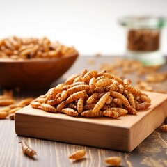 Snack insects. Tasty Mealworm larvae as food on a wooden board. Fried worms for sale. Roasted mealworms. Ai generated - obrazy, fototapety, plakaty