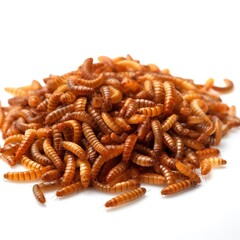 Snack insects. Tasty Mealworm larvae as food owhite background. Fried worms for sale. Roasted mealworms. Ai generated