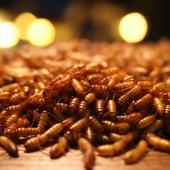 Snack insects. Tasty Mealworm larvae as food. Fried worms for sale. Roasted mealworms. Ai generated