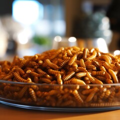 Snack insects. Tasty Mealworm larvae as food on a glass bowl Fried worms for sale. Roasted mealworms. Ai generated