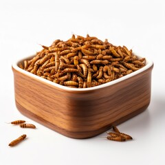 Snack insects. Tasty Mealworm larvae as food in a wooden bowl on white background. Fried worms for sale. Roasted mealworms. Ai generated