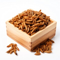 Snack insects. Tasty Mealworm larvae as food in a wooden box on white background. Fried worms for sale. Roasted mealworms. Ai generated