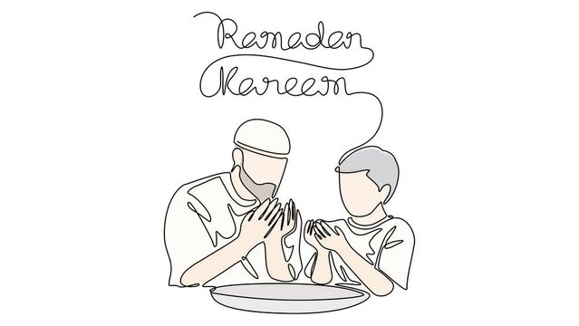 Animated self drawing of people are praying in the mosque during ramadan time. Moslem praying design in simple linear style illustration. Ramadan mubarak design videos for your business asset.