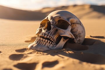 A haunting and mysterious skull rests amidst the vast emptiness of the desert, exuding an eerie and symbolic presence. Generative AI, AI.