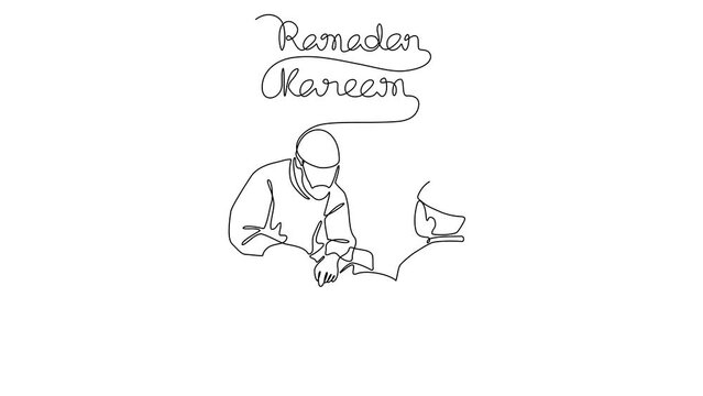 Animated self drawing of reading Qur'an in the mosque during Ramadan time. Moslem praying design with design in simple linear style illustration. Ramadan Mubarak design videos for your business