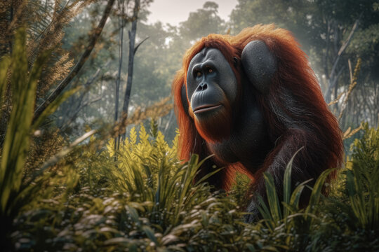 In the lush and dense rainforests, a majestic orangutan moves gracefully through its natural habitat. Generative Ai, Ai.