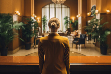 Naklejka premium Professional and welcoming receptionist at the front desk of a high-end hotel, ready and waiting to assist guests with their needs and desires. Backview. Generative AI Technology.