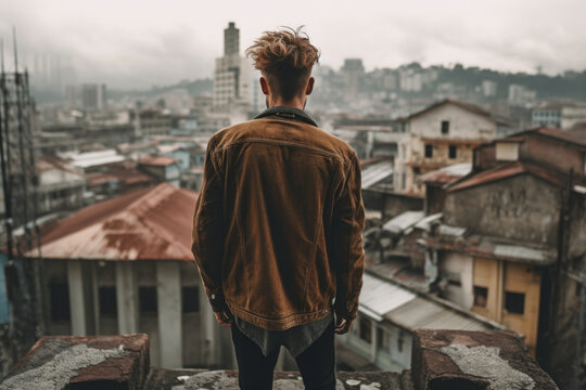 A captivating image of a young man standing on a rooftop, contemplating the world around him, lost in thought and wonder. Generative AI Technology.