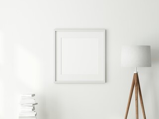 Square Art Frame Mockup with passepartout hanging on white wall, 3d rendering