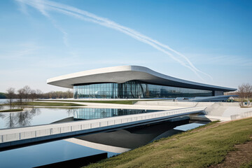 A futuristic airport or other building, characterized by its modern design and advanced architectural features. Generative Ai, Ai.