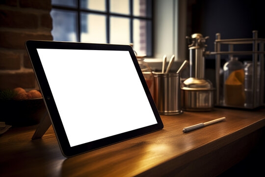 Sleek and modern tablet mockup with an empty white screen waiting to be filled with engaging and creative digital content, perfect for showcasing your latest design concepts. Generative AI Technology. - Powered by Adobe
