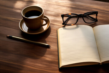 Naklejka premium Desk essentials concept. Simple and functional composition of glasses, notepad, cup of coffee and pen, perfect for office and workplace themes. Generative AI Technology.