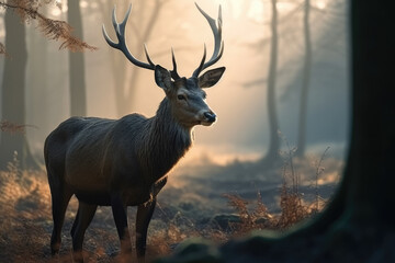 A majestic deer standing in the forest against the backdrop of a rising sun. The tranquil scene captures the beauty of nature as the deer gracefully. Generative Ai, Ai.