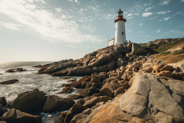 Fototapeta na wymiar Captivating and serene, this landscape features a striking lighthouse against the vast sea. Ideal for travel, nature, and adventure themes. Generative AI Technology.