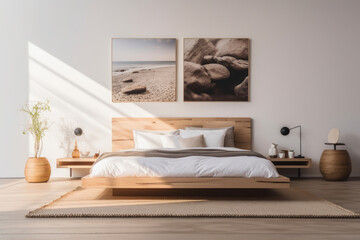 Fototapeta na wymiar A cozy and inviting bedroom interior featuring elegant pastel furniture, soft lighting, and plush bedding. Palette of pastel hues creates a soothing and calming atmosphere, Generative AI Technology.