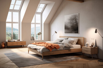 A cozy and inviting bedroom interior featuring elegant pastel furniture, soft lighting, and plush bedding. Palette of pastel hues creates a soothing and calming atmosphere, Generative AI Technology.