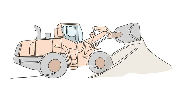 Animated self drawing of single continuous line draw for bulldozer in the site project. Construction Project design concept illustration in simple linear animation. full length animation
