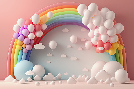 3d rainbow on a wall with colorful party balloons and clouds, generative ai