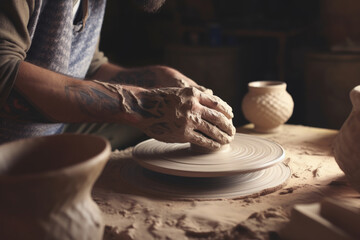 Skilled potter shaping a clay pot with his hands in a close-up. The intricate details of the potter's fingers and the texture of the clay are visible, Generative AI Technology.