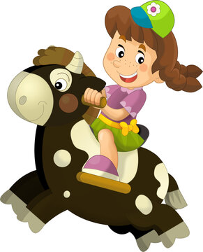 cartoon scene with funfair amusement park rocking horse toy and girl riding on it isolated illustration for children