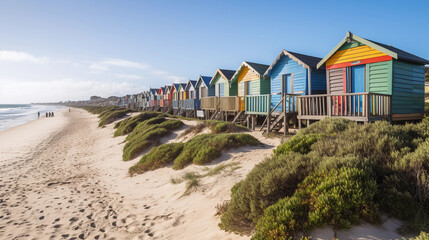 A beach section with a row of colorful beach huts along the coastline