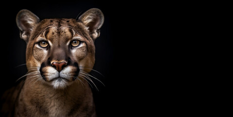 Studio portrait of a panther on a dark background. Closeup of a spotted leopard looking at the camera. Horizontal banner with space for text. Generative AI