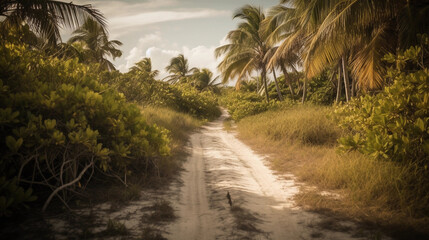 Obraz premium A palm-lined beach pathway leading to a distant horizon