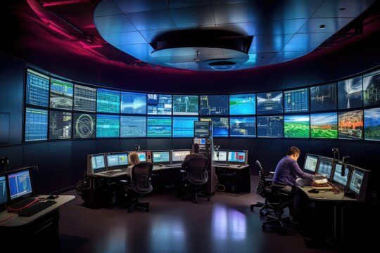 A fire control room, with engineers monitoring fire prevention systems and alarms. Generative AI