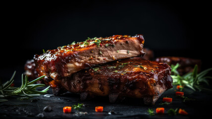 Barbecue pork spare ribs with hot honey chili marinade on black background. Generative AI