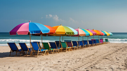 A row of beach loungers under colorful beach umbrellas, ready for relaxing hours by the beach